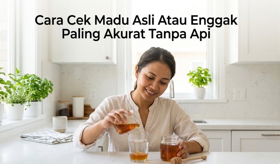 Panduan visual melakukan tes air sebagai salah satu Cara Cek Madu paling akurat di rumah.